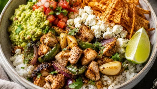 Restaurant-quality chicken bowl featuring seasoned grilled chicken, fresh guacamole, pico de gallo, queso fresco, crispy tortilla strips, and cilantro