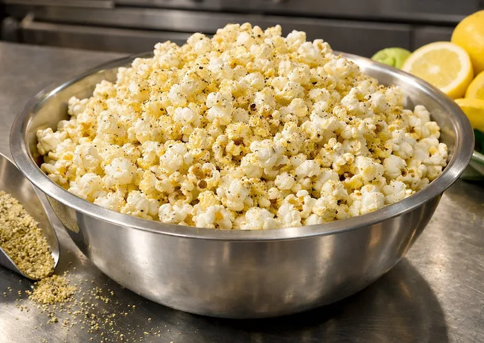 Buttery seasoned popcorn in a shiny bowl, ready for movie night and creative flavor additions.